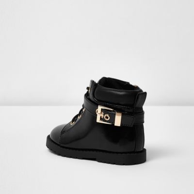 Mini girls black patent utility boots